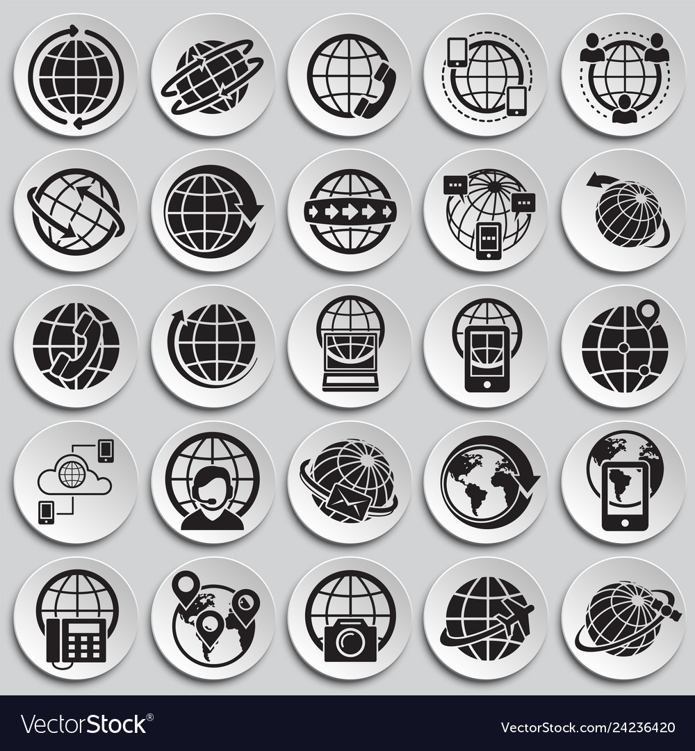 Globe related icons set on plates background