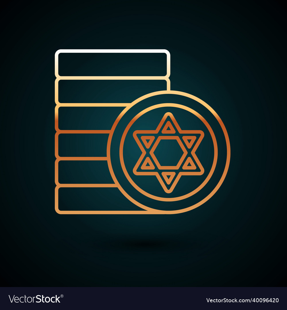 Gold line jewish coin icon isolated on dark blue