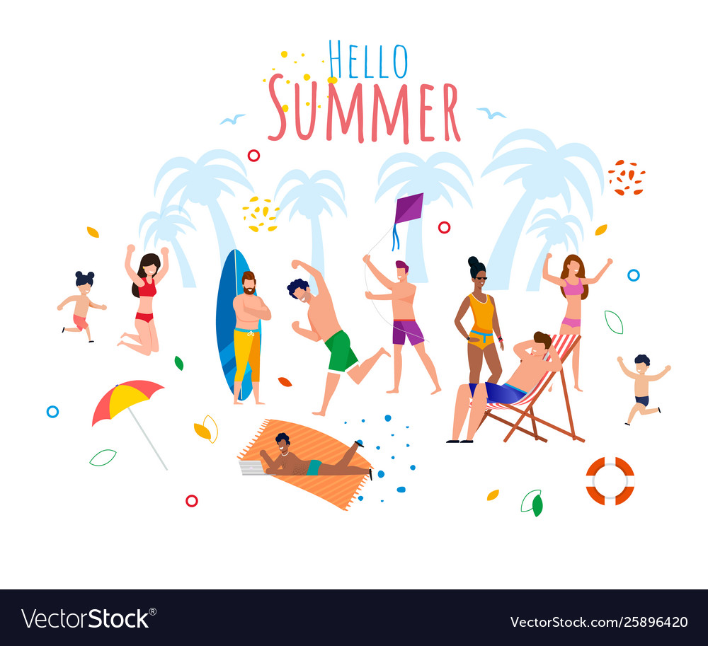 Hello summer greeting banner with resting people