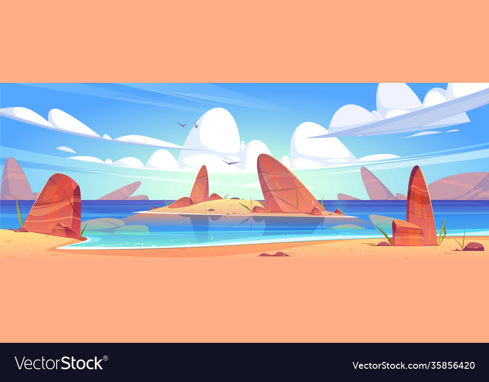 Sea sand beach ocean coast with stones and island Vector Image