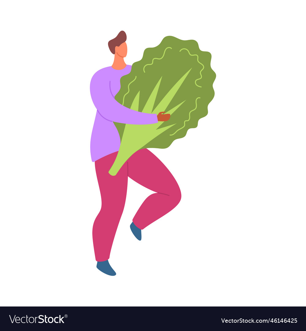 Cartoon color character boy holding lettuce food Vector Image Cartoon color character boy holding lettuce food