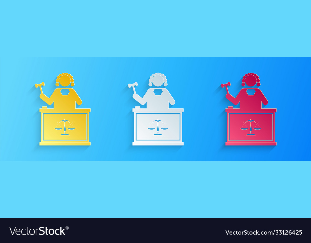 Paper cut judge with gavel on table icon isolated