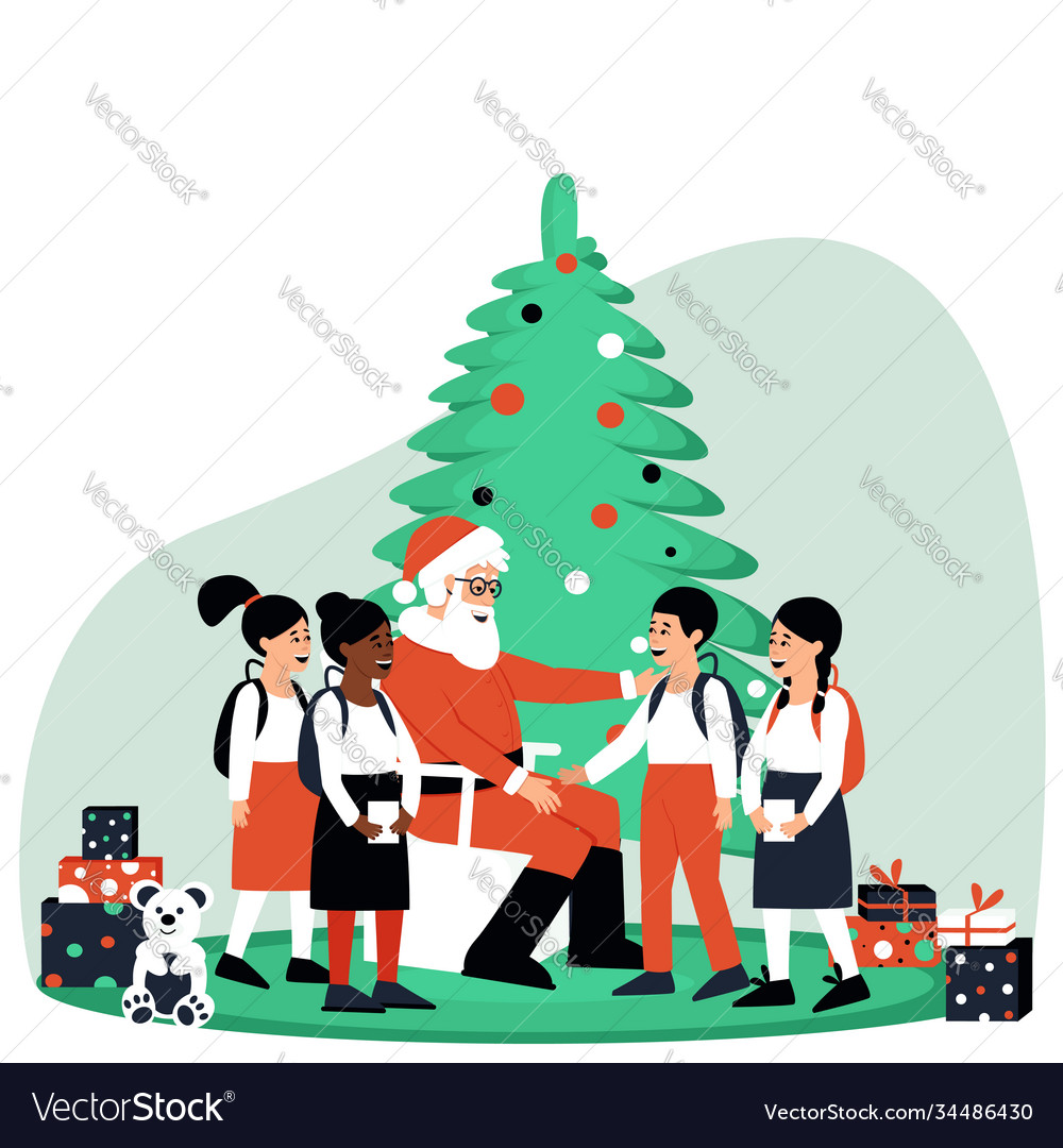 Happy children surrounded santa claus