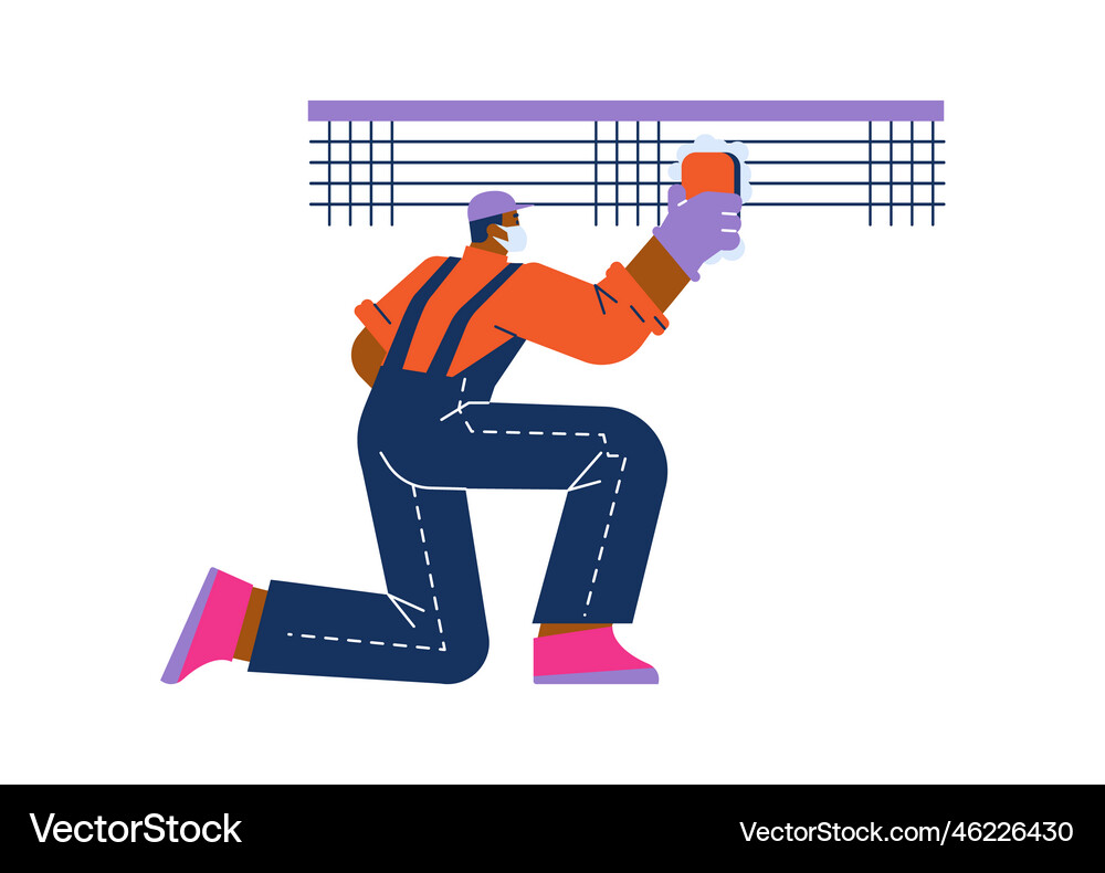 Pool cleaning worker cleans the tiles in Vector Image