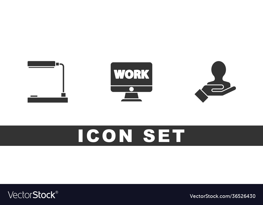 Set table lamp monitor with text work and hand vector image Set table lamp monitor with text work and hand