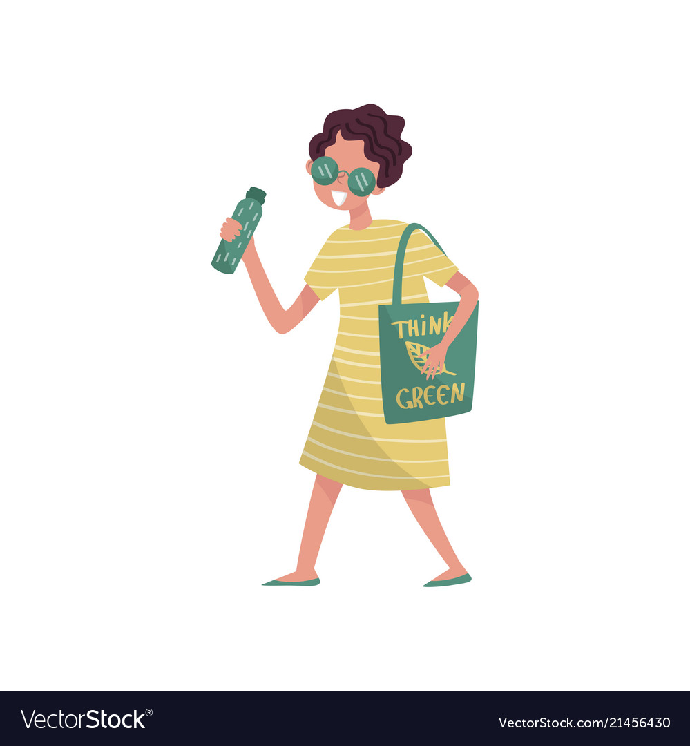 Young woman in green clothes walking with bag