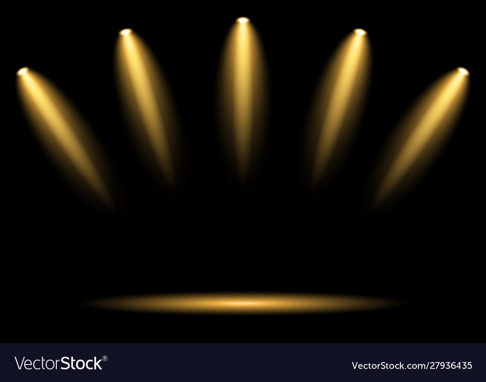 5 golden spotlights on dark background Royalty Free Vector