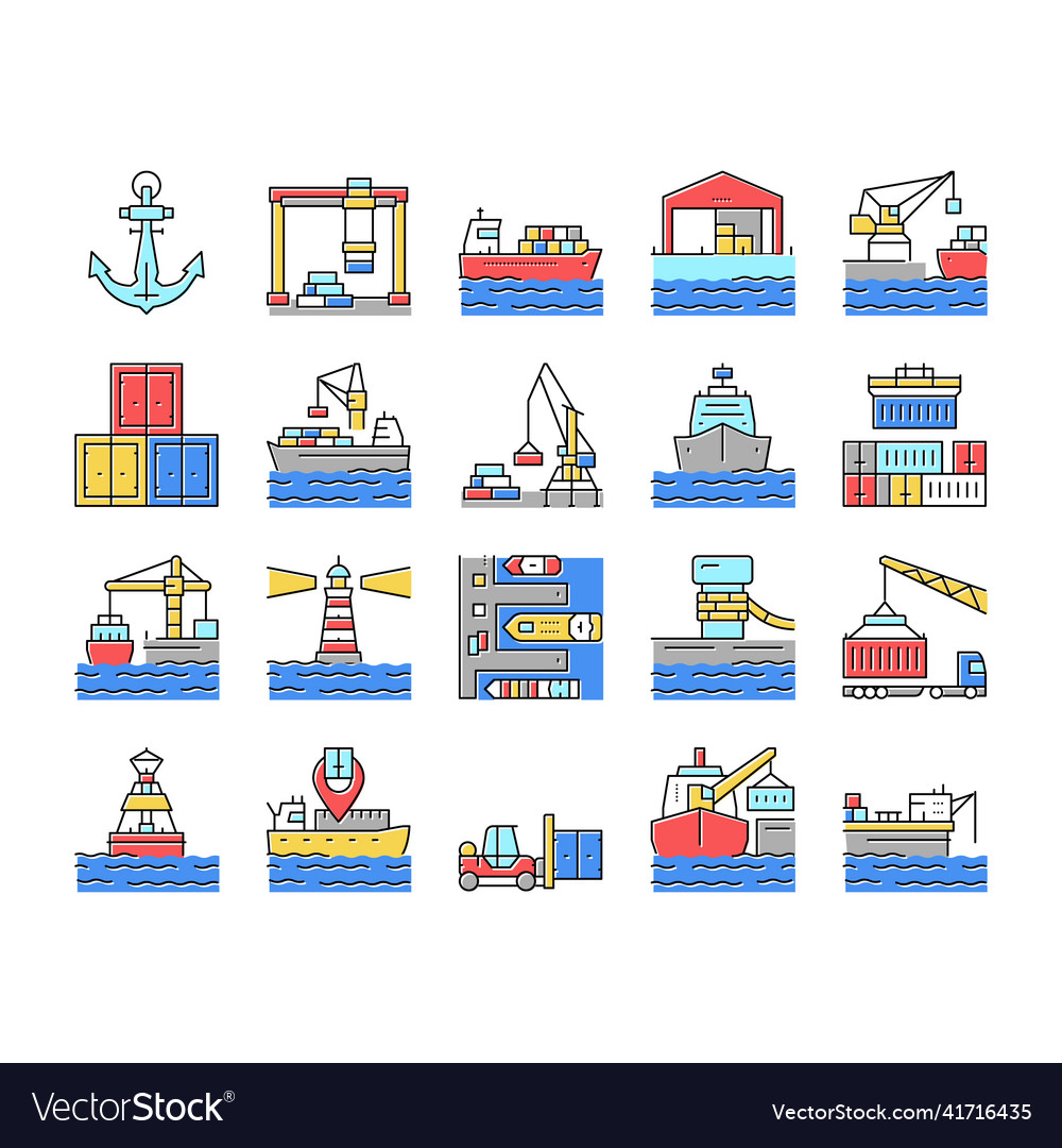 Container port tool collection icons set