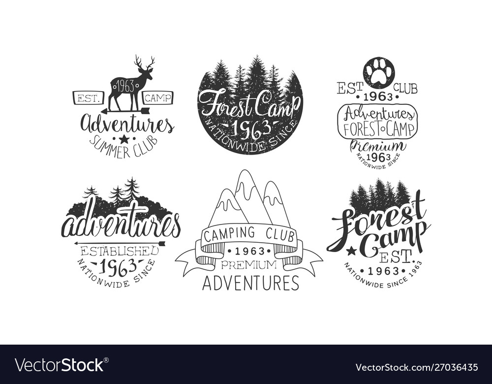 Forest camp premium retro labels set camping club