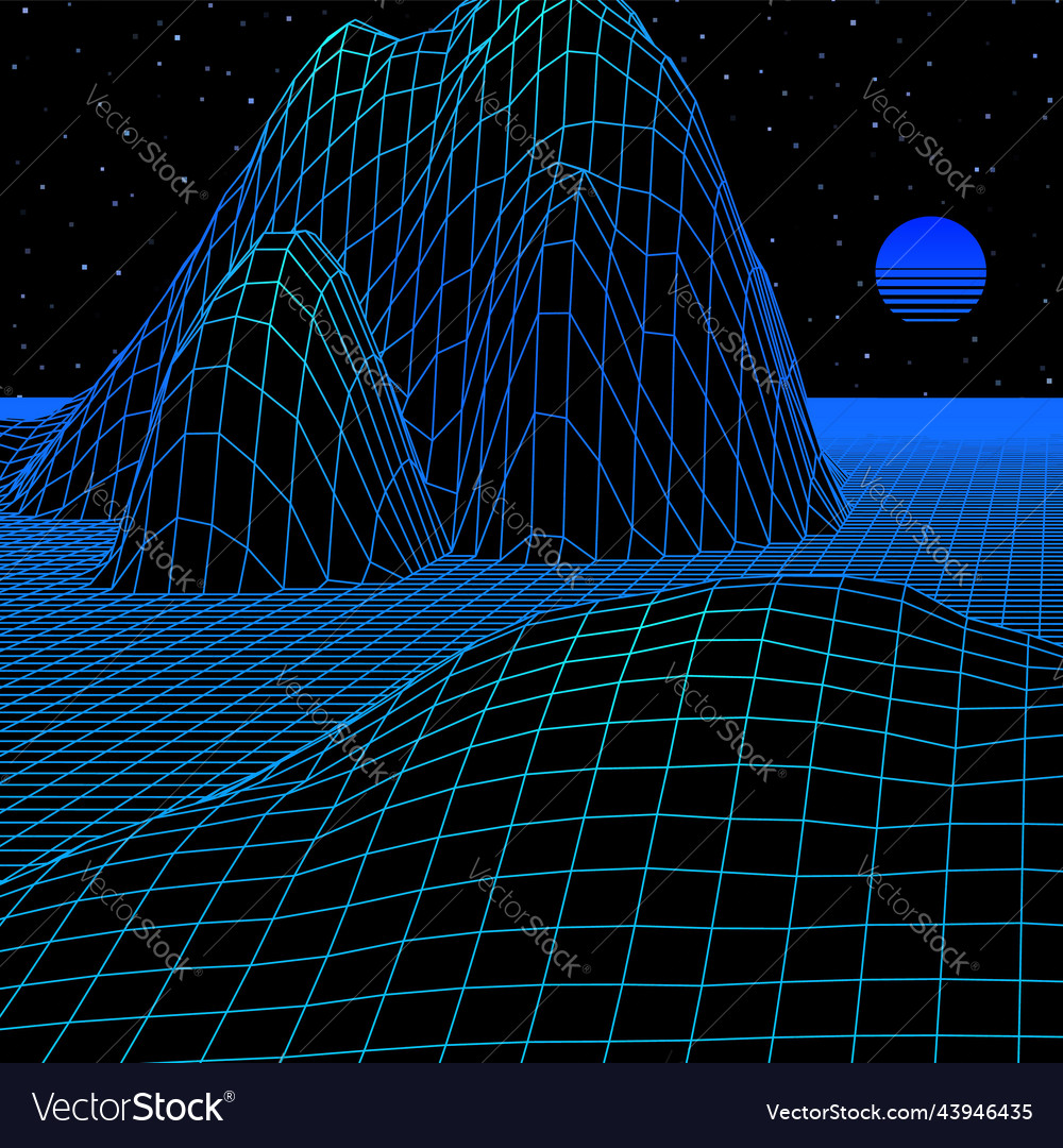 Landscape with wireframe grid of 80s styled retro