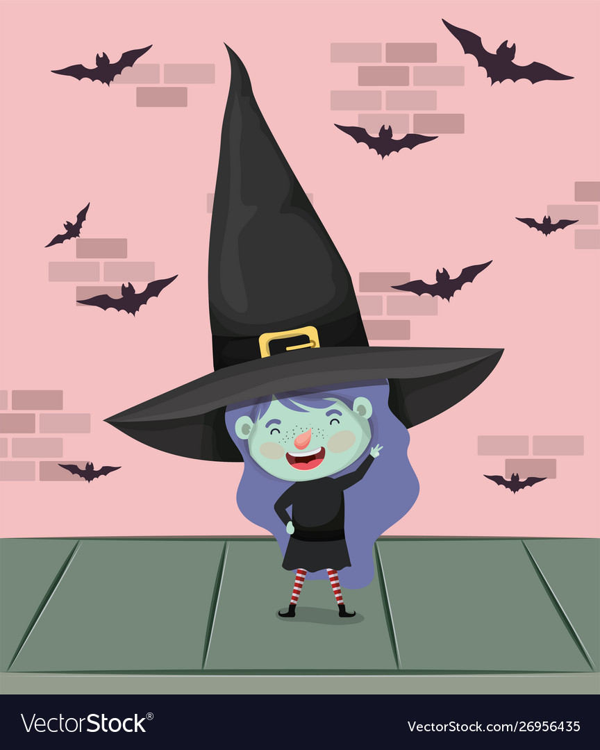 Little girl with witch costume in wall Royalty Free Vector