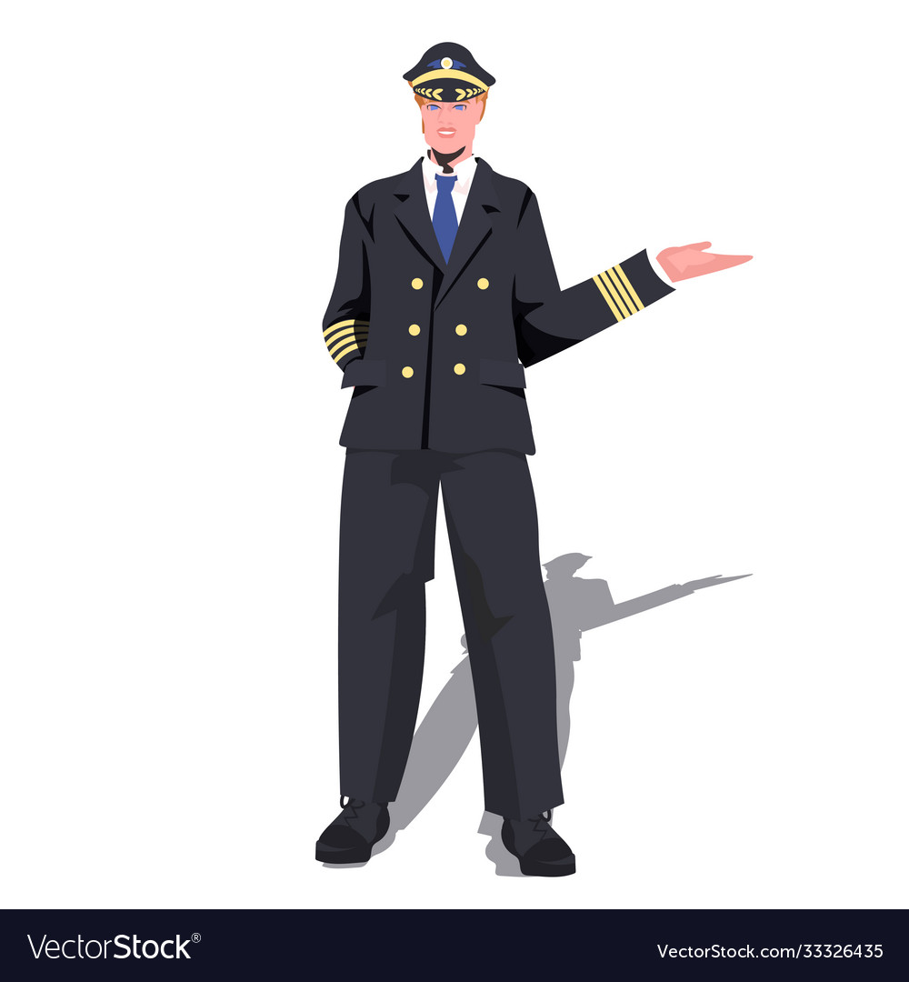 Man pilot in uniform pointing hand on something