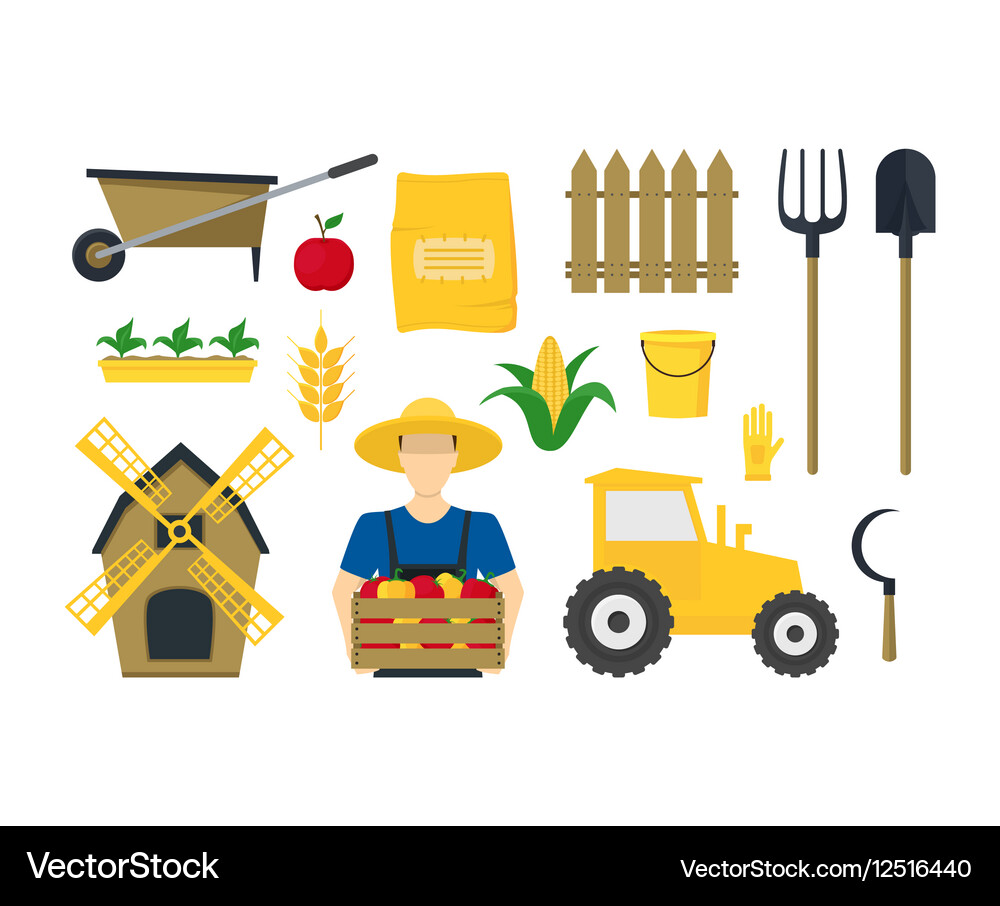 Cartoon Farming Elements and Equipment Set Vector Image
