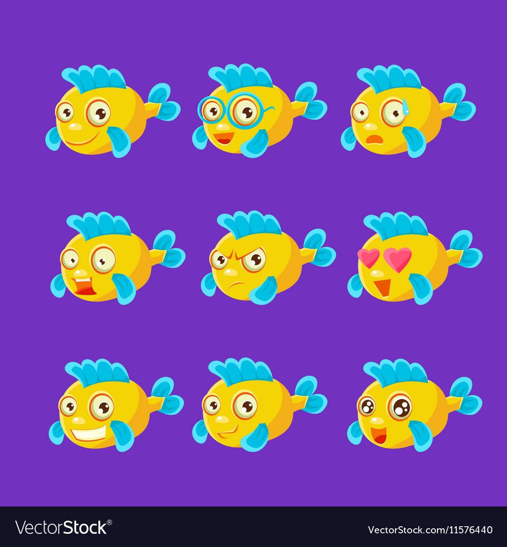 Cute yellow aquarium fish cartoon character set Vector Image