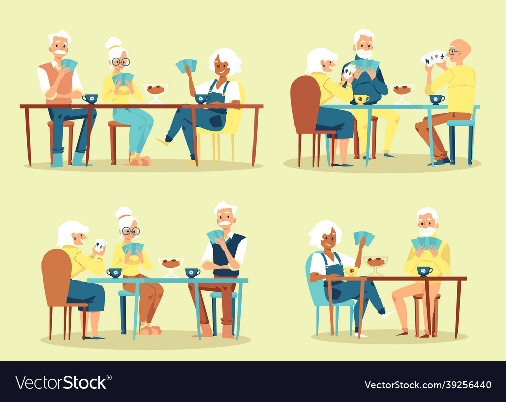 Groups of elderly people playing cards flat