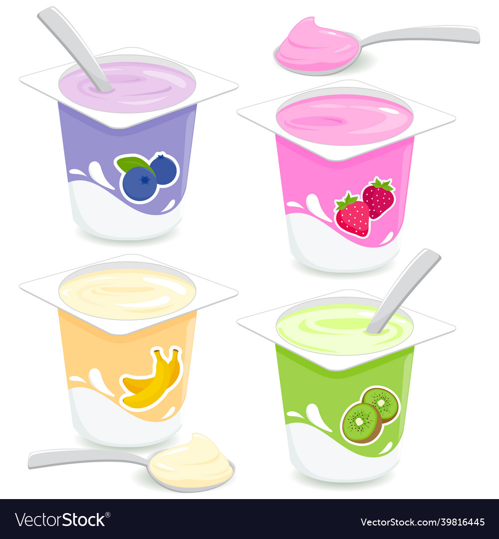 Fruit yogurts with spoons Royalty Free Vector Image