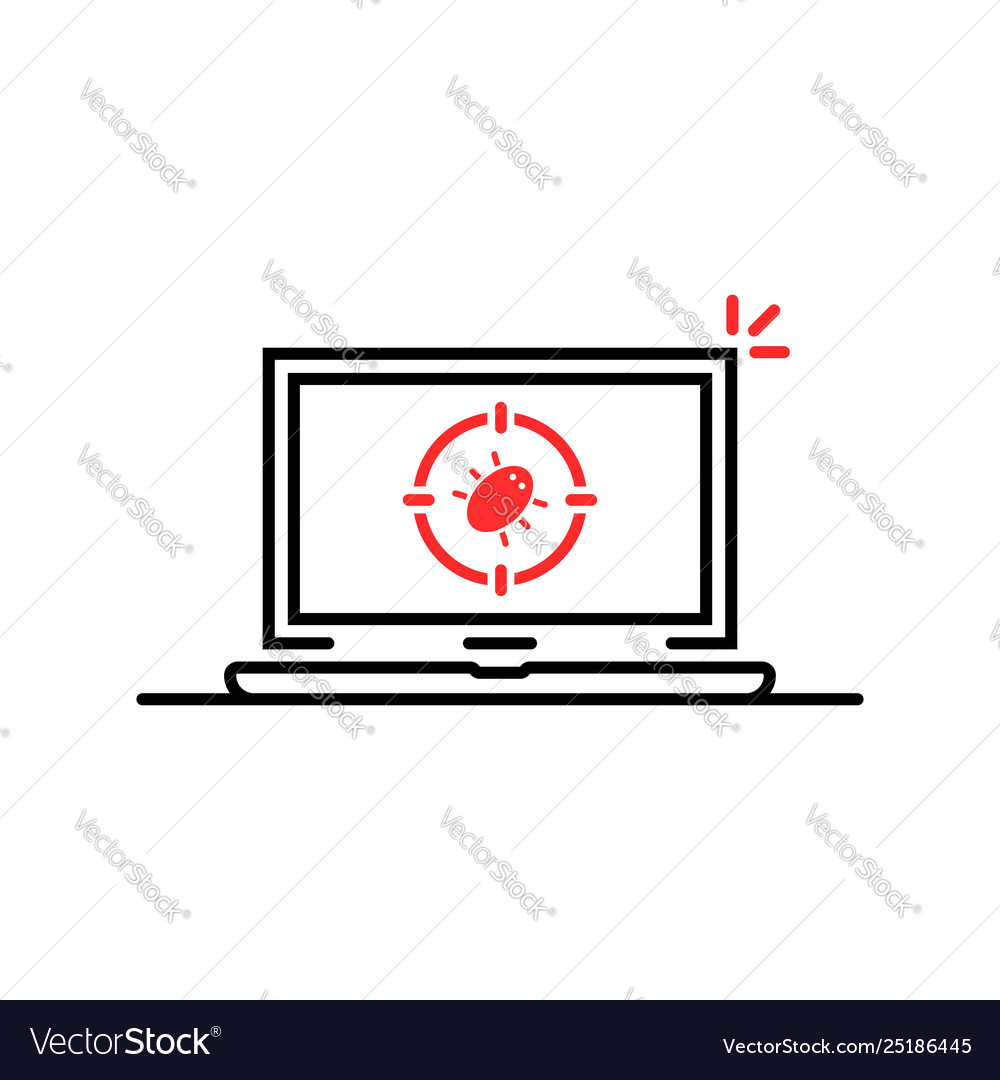 Thin line computer with bug infected vector image Thin line computer with bug infected
