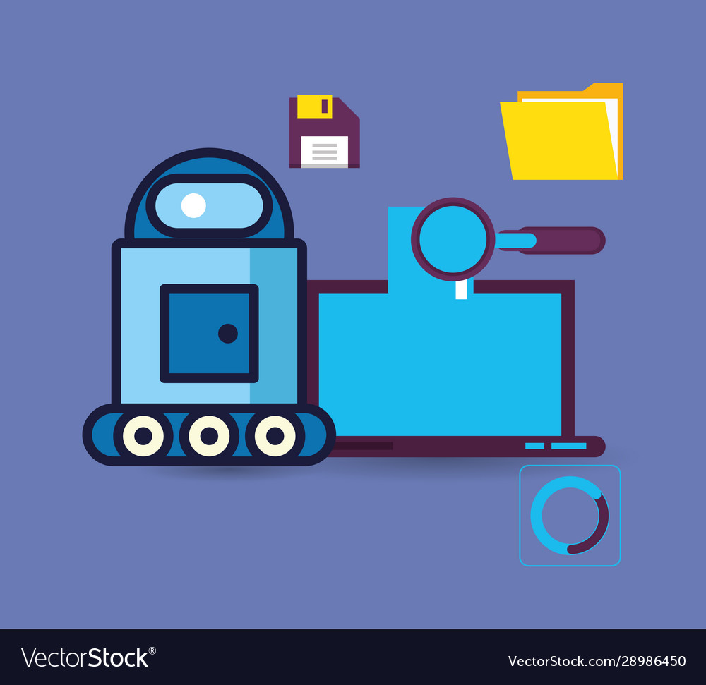 Robot with wheel and data center icons
