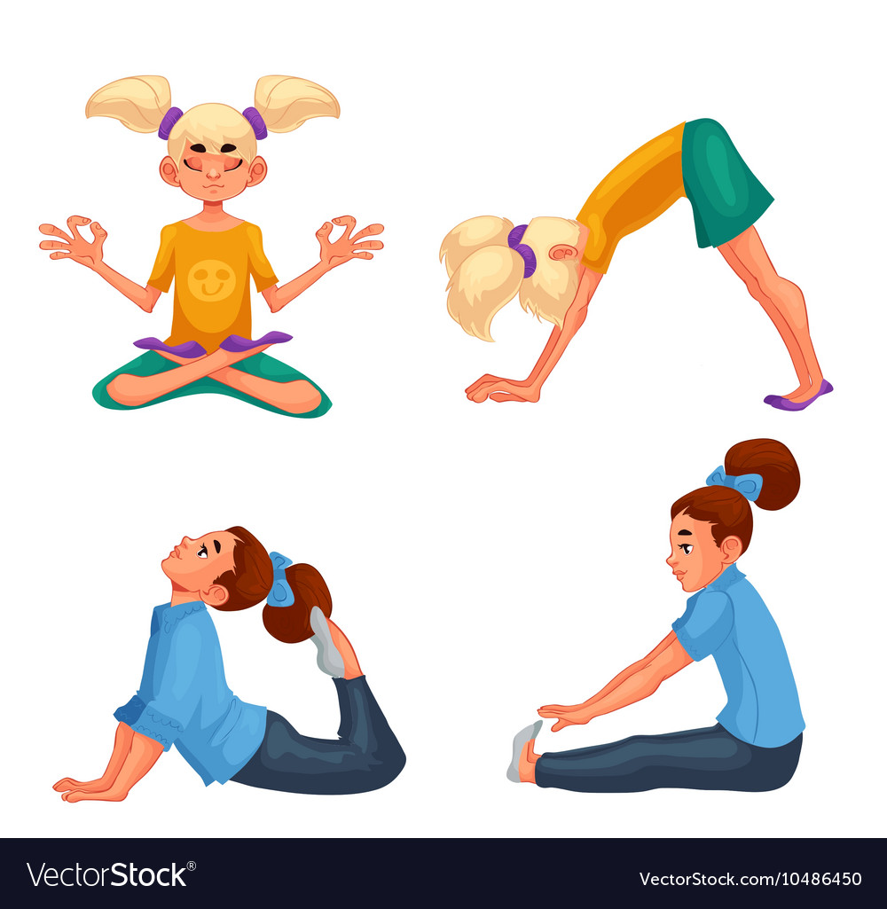 Set With Blond And Brown Haired Girls Doing Yoga Vector Image