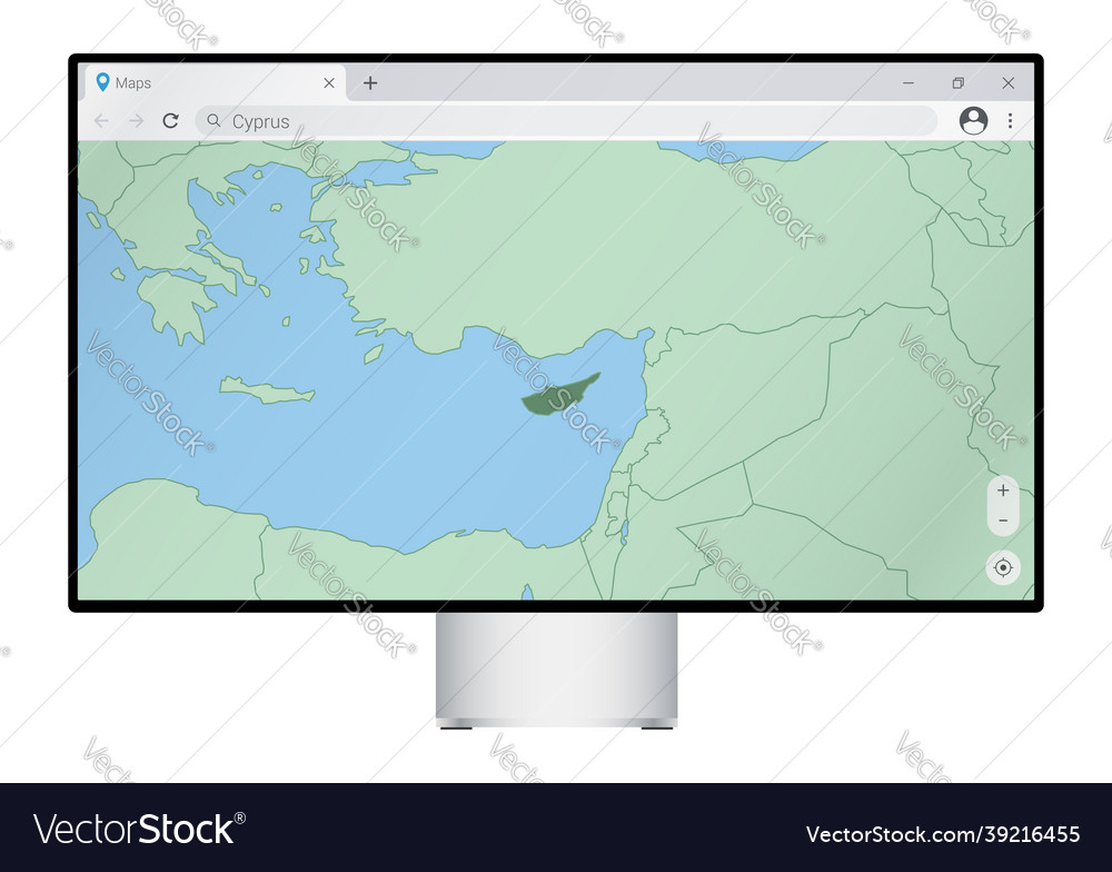 Computer monitor with map of cyprus in browser