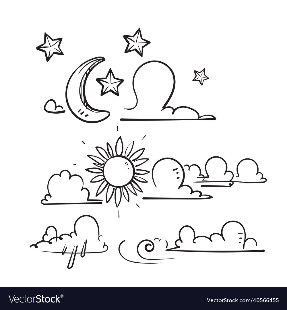 Hand drawn doodle cloud moon and sun Royalty Free Vector