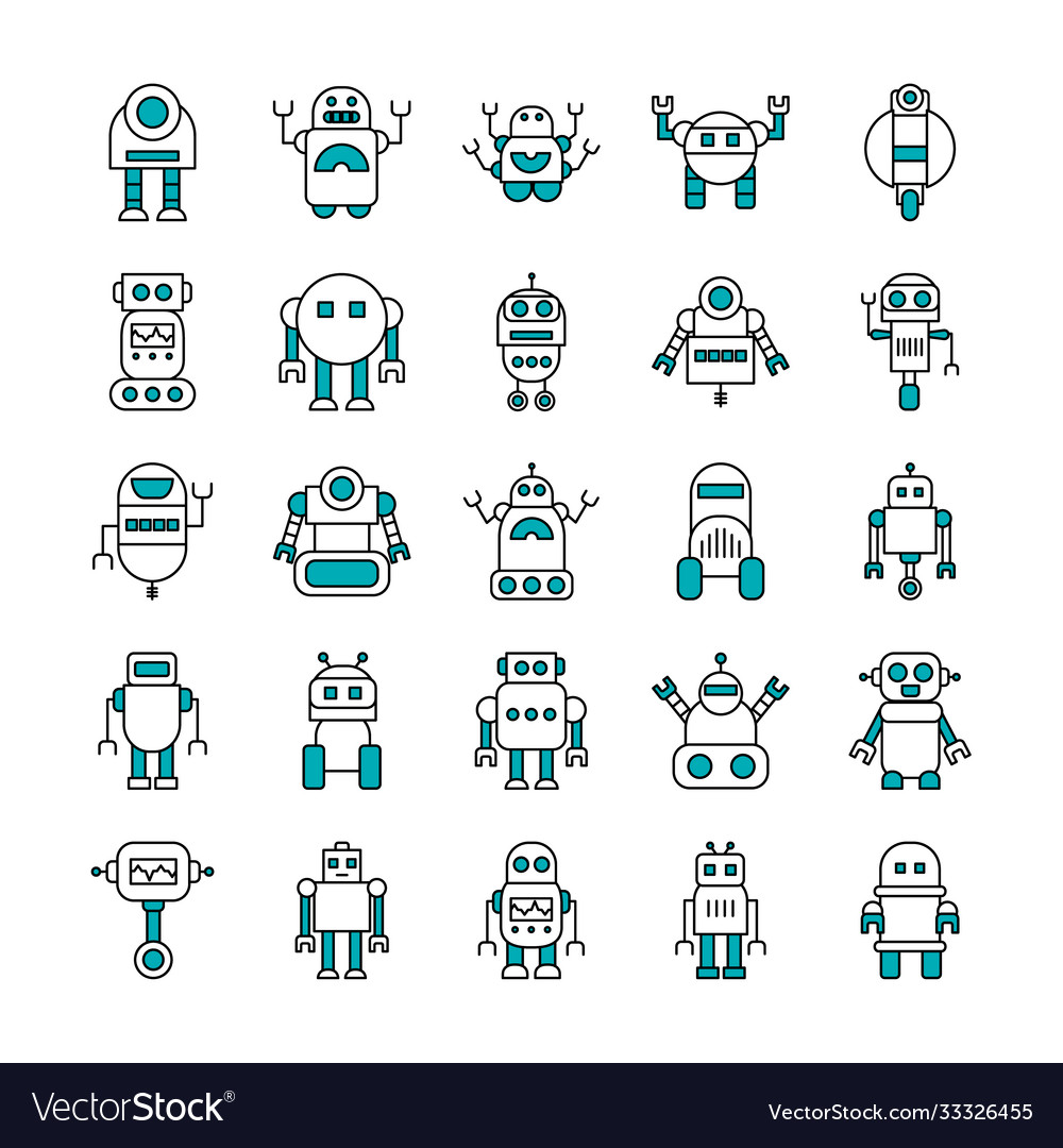 Icon set robotics and cartoon robots half line