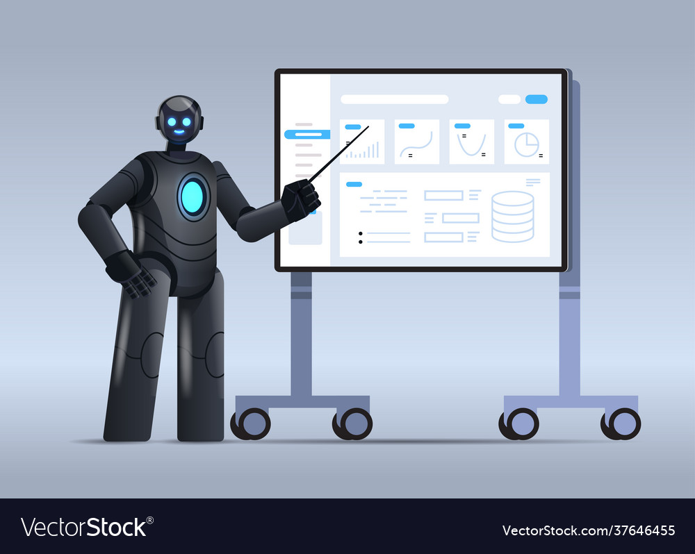 Robot analyzing statistics financial data robotic Vector Image Robot analyzing statistics financial data robotic