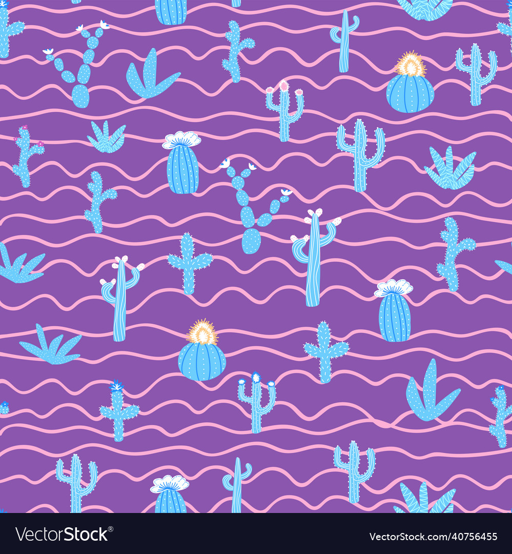 Seamless patterns with different cacti bright vector image Seamless patterns with different cacti bright