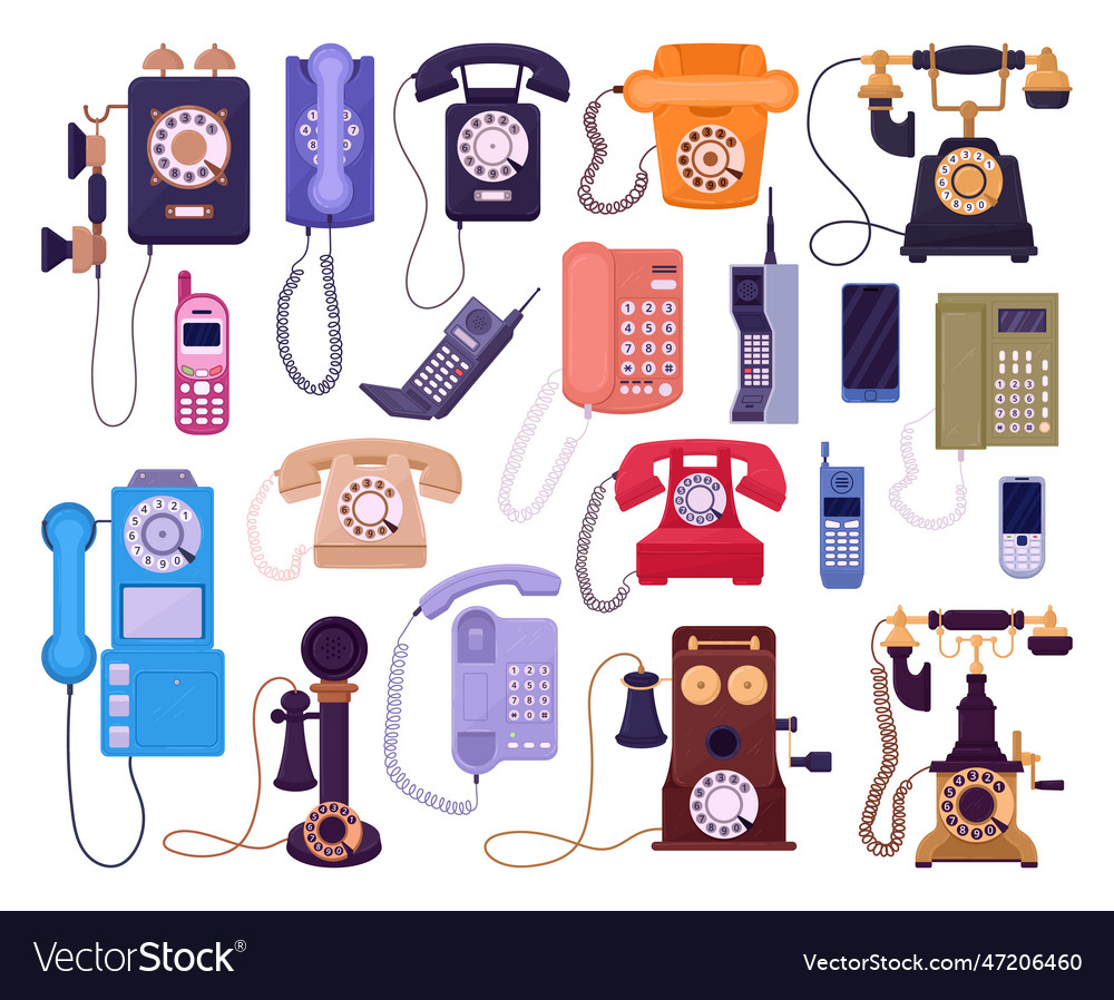 Cartoon vintage phones retro cellphone old