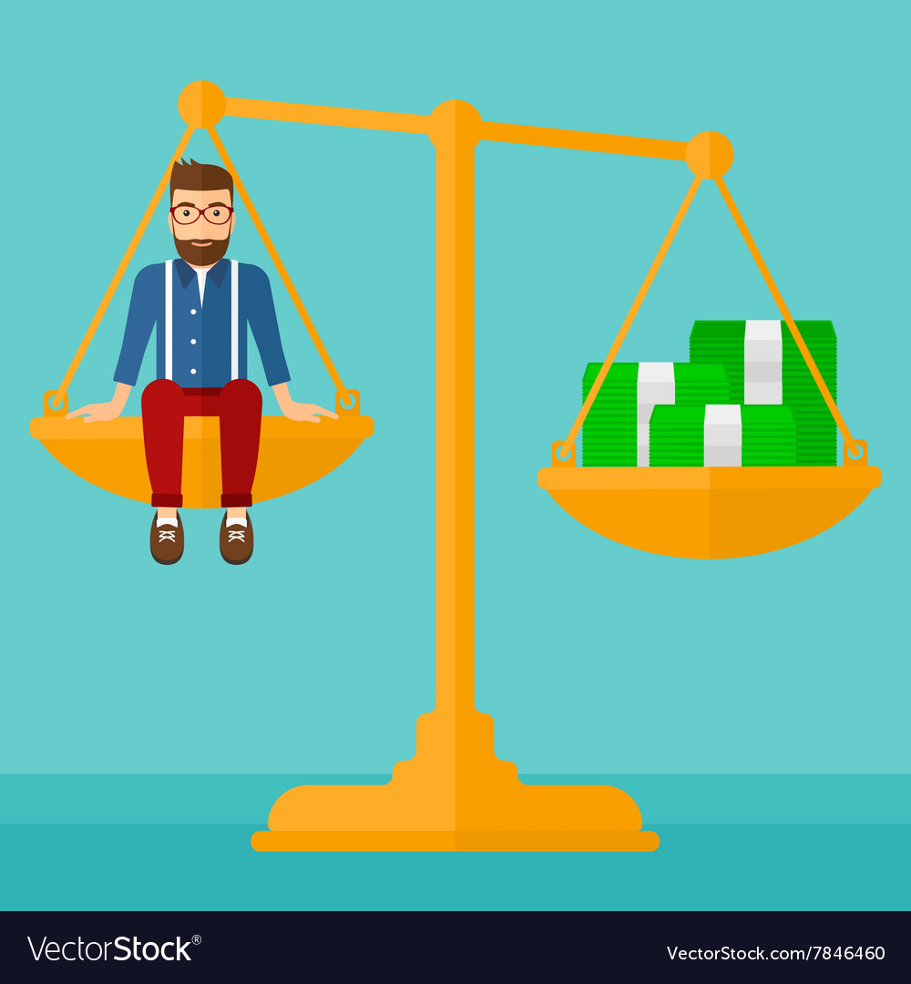 Man sitting on scale with coins