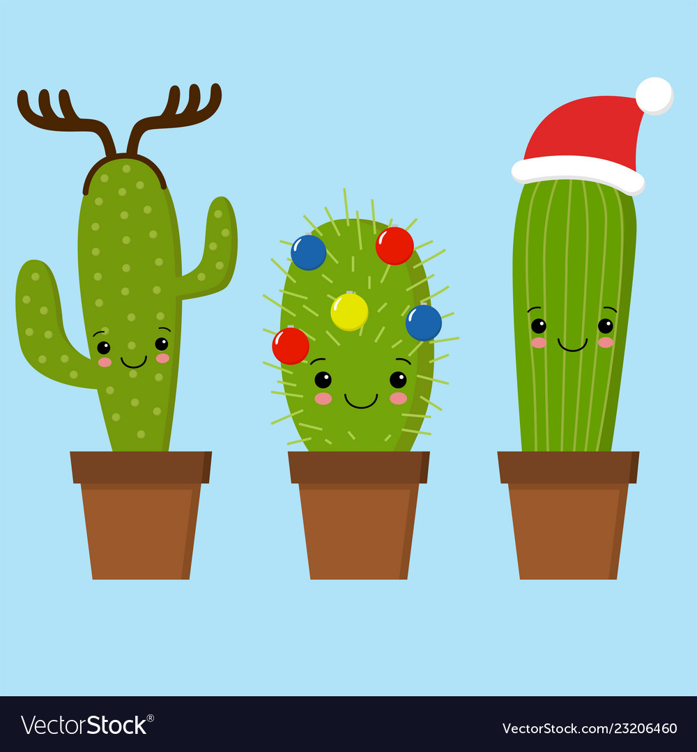 Merry christmas card cactus in a hat