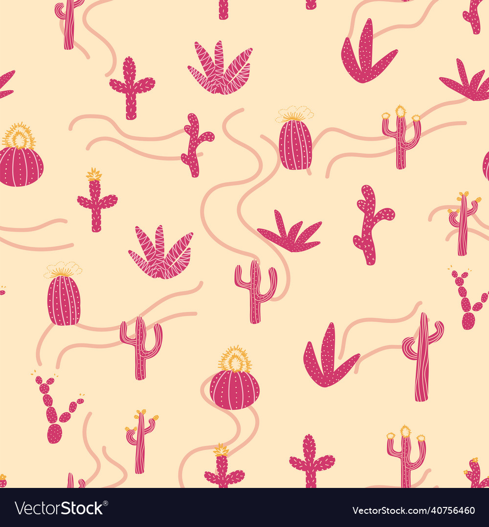 Seamless patterns with different cacti bright vector image Seamless patterns with different cacti bright