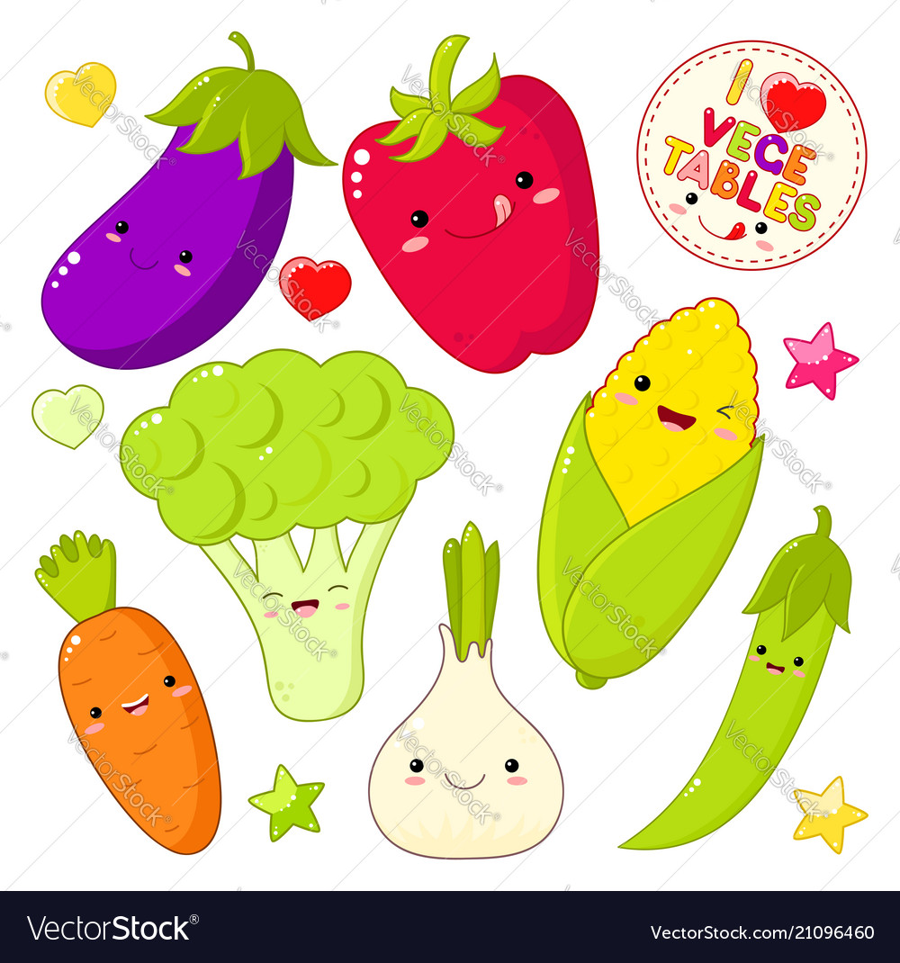 Set of cute vegetable icons in kawaii style