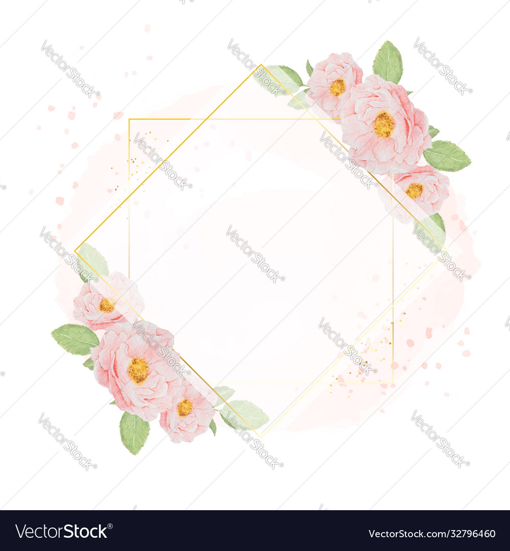 Watercolor pink roses with golden wreath frame Vector Image