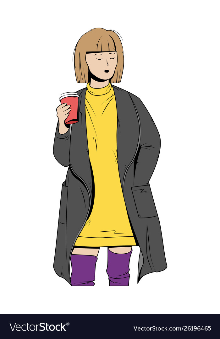 A girl in coat with paper cup coffee