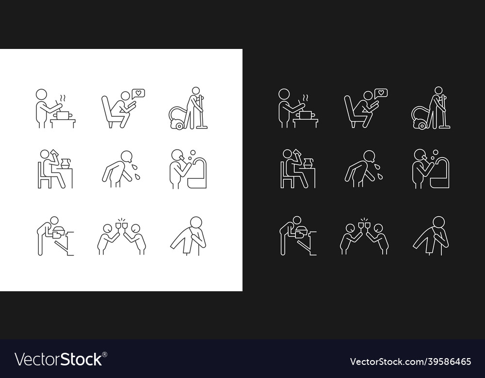 Day-to-day routine linear icons set for dark Vector Image Day-to-day routine linear icons set for dark