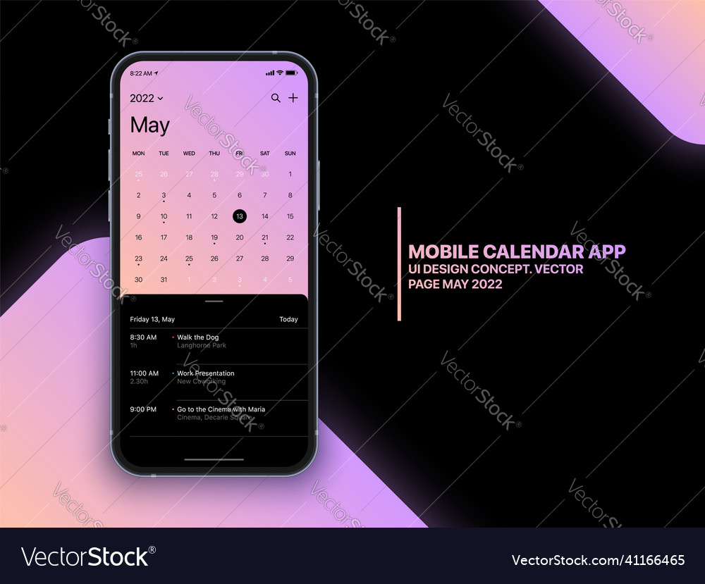 Mobile calendar app ui concept on realistic Vector Image
