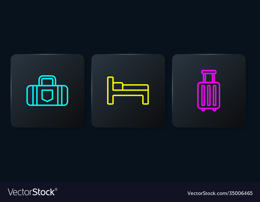 Set line suitcase and bed black square button Vector Image Set line suitcase and bed black square button