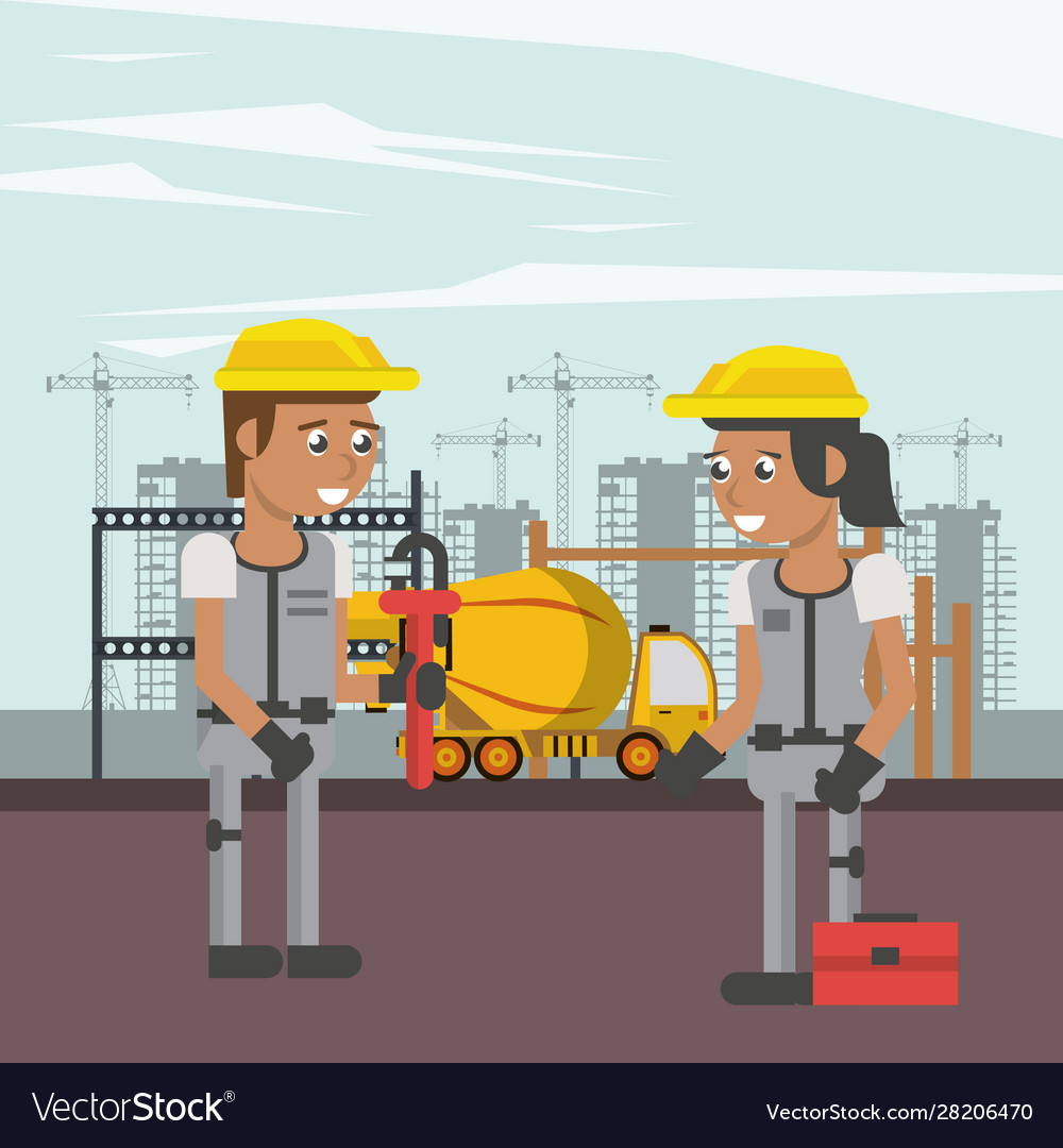 Couple builders working under construction