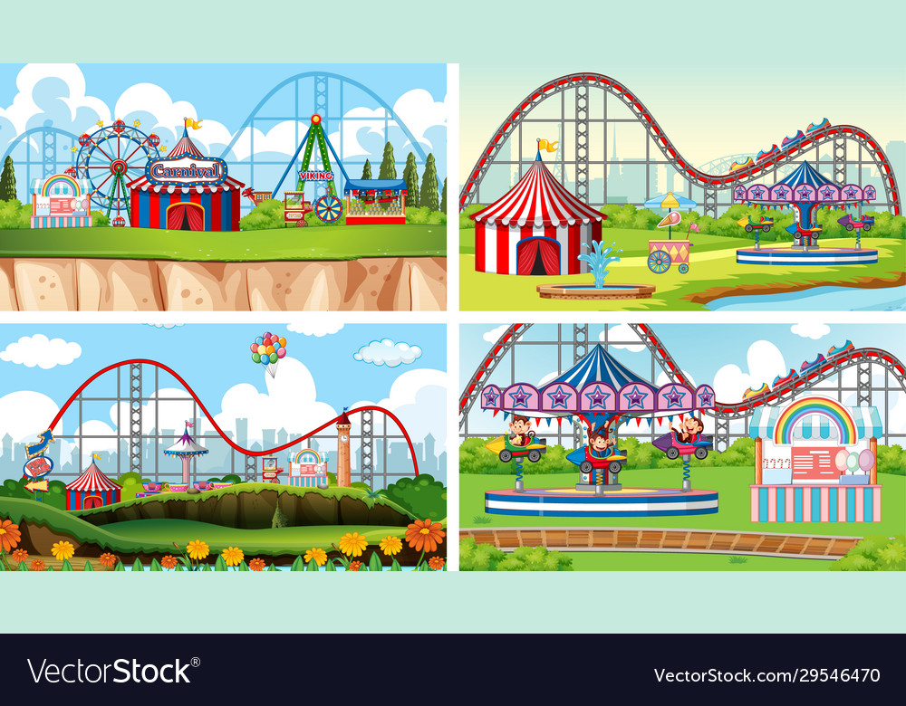 Four scenes with many rides in fun fair Royalty Free Vector