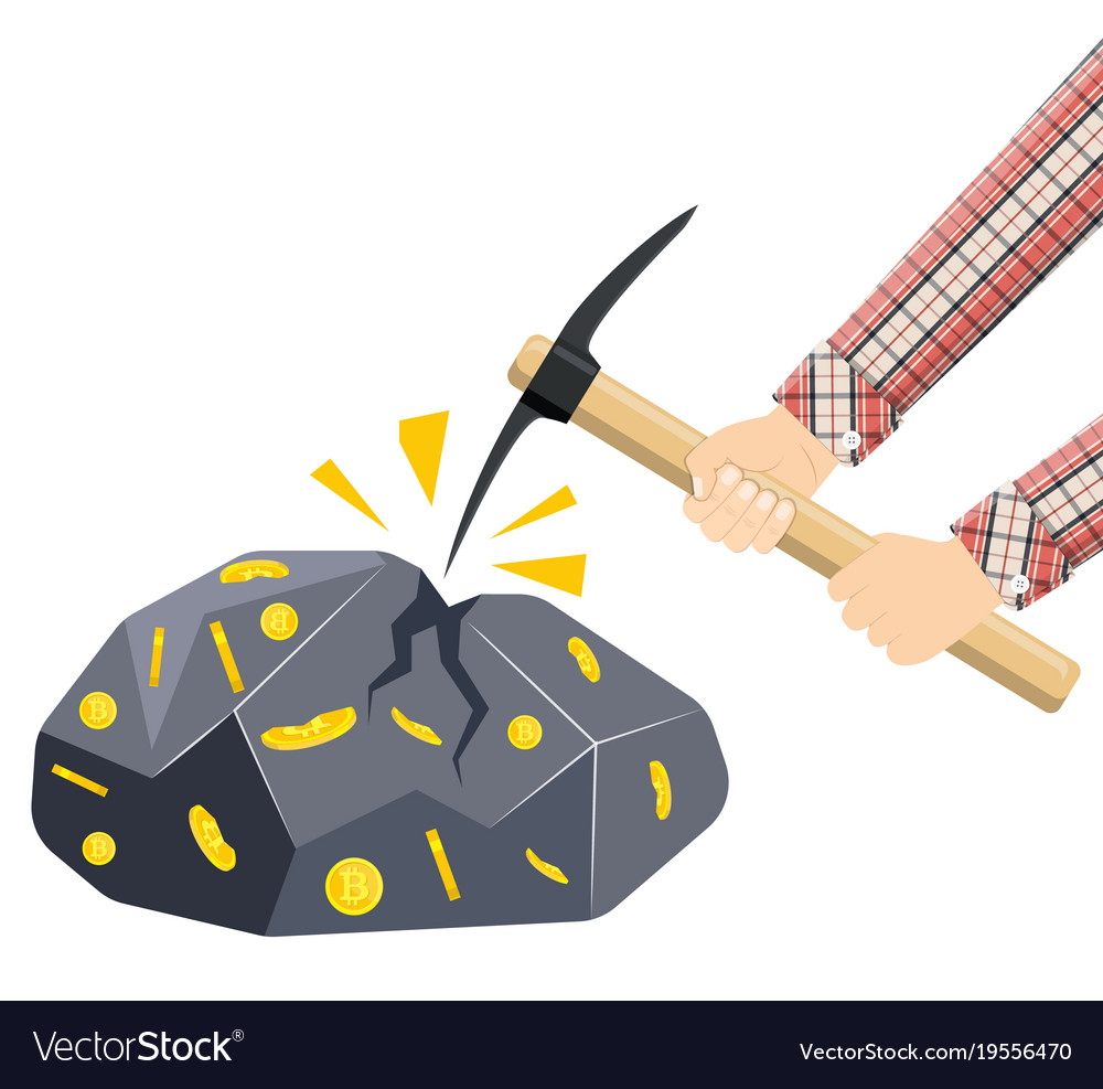 Golden coin with bitcoin sign and pickaxe
