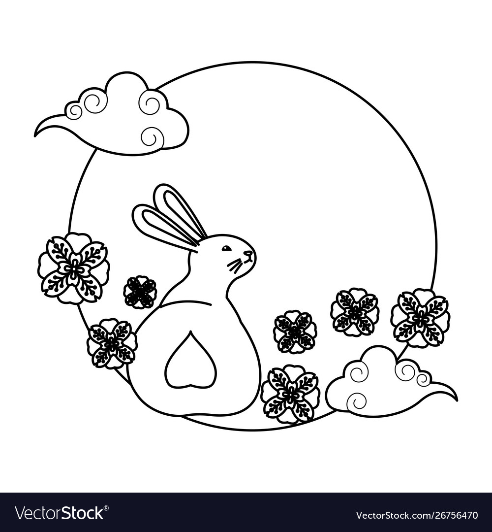 Rabbit with flowers and clouds in black white Vector Image