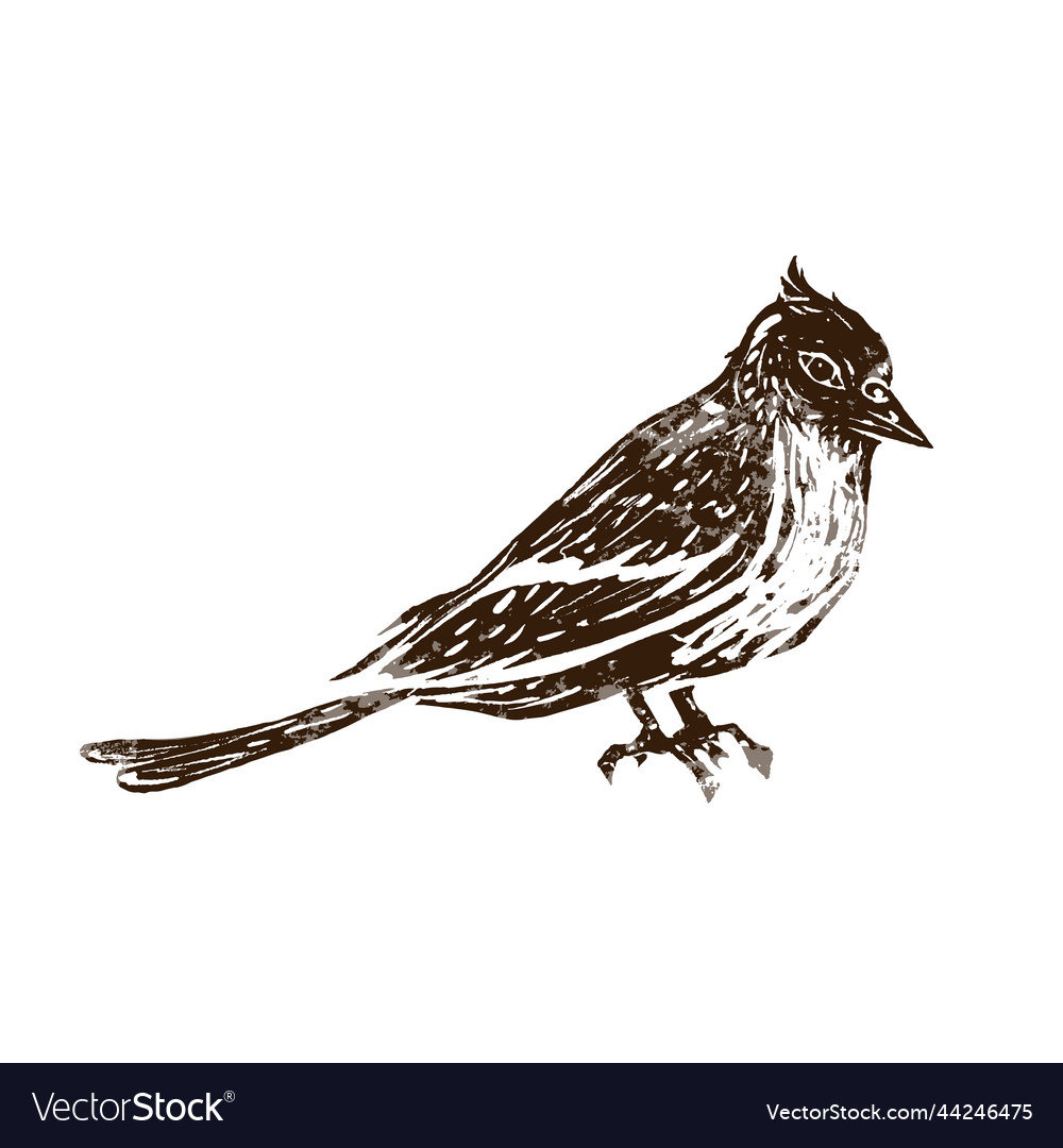 Cute bird in linocut retro style vintage