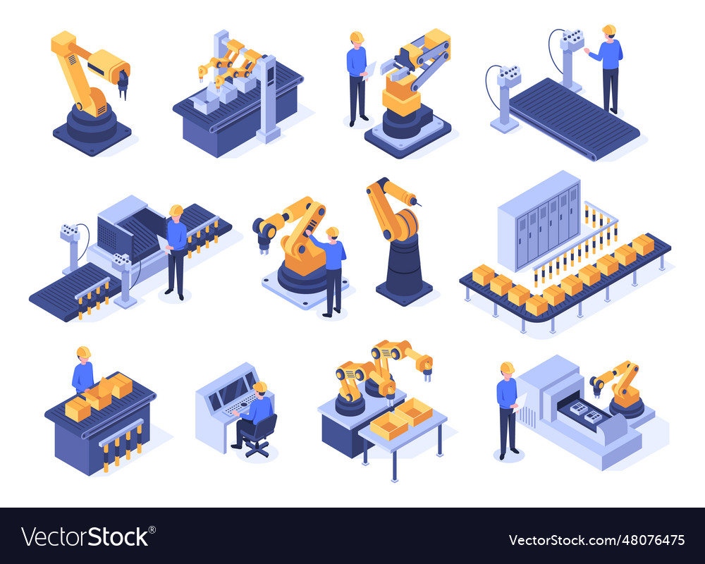 Isometric industrial robots assembly line