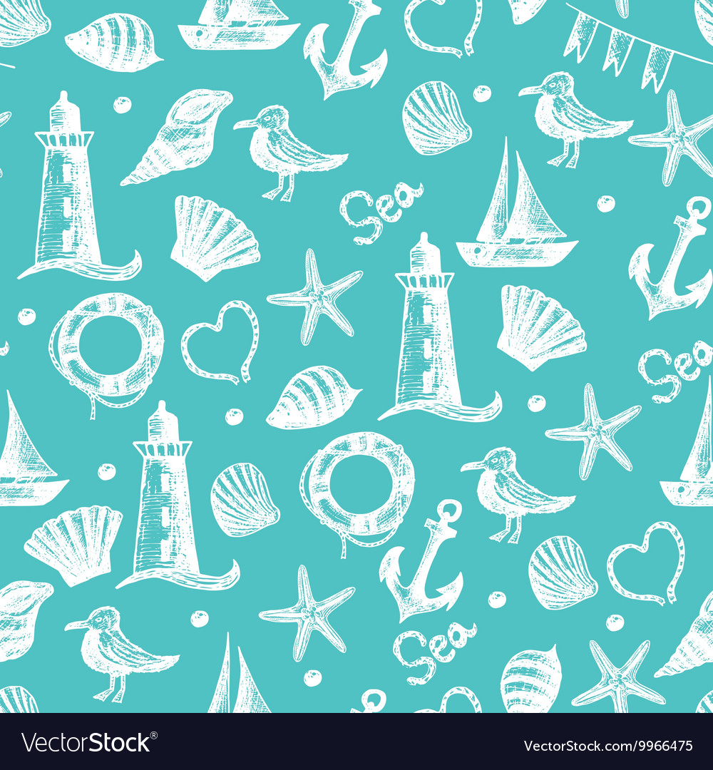 Seamless pattern hand drawn sea themed objects