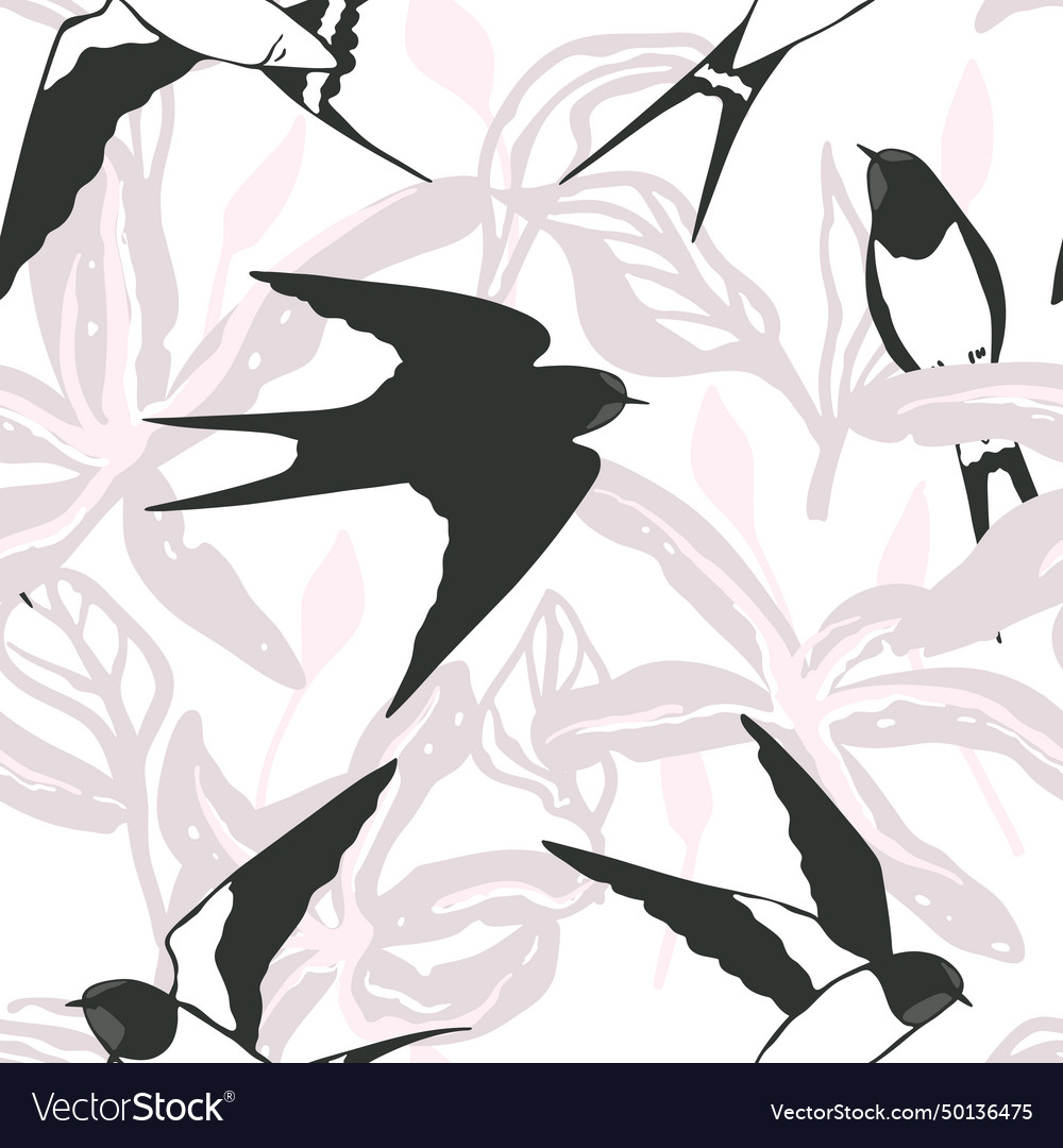Seamless pattern with swallows and big abstract