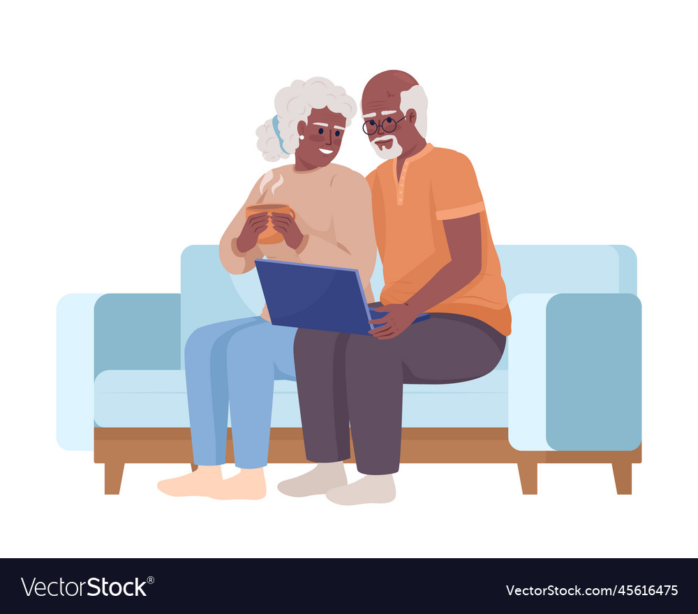 Senior couple using laptop semi flat color