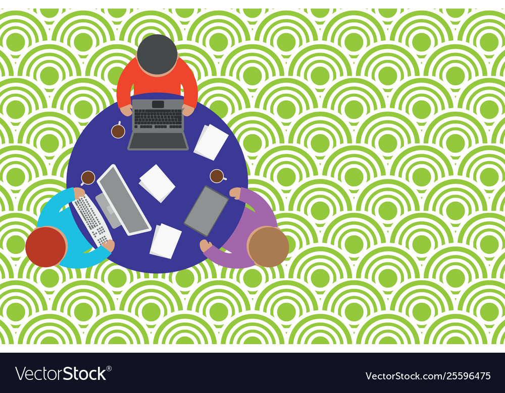 Upper view three busy office workers round table Vector Image Upper view three busy office workers round table