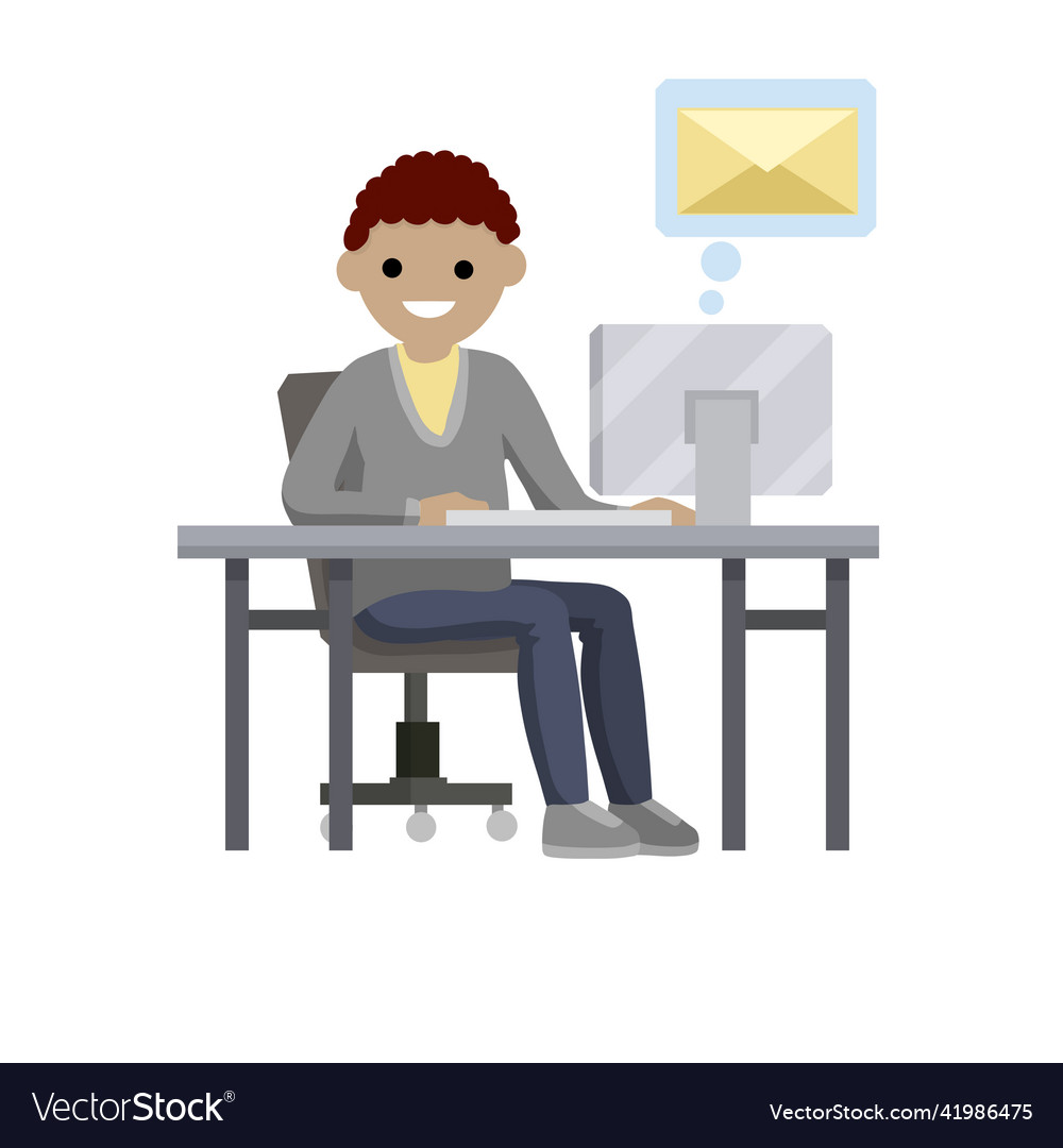 Young man sit at table with computer vector image Young man sit at table with computer
