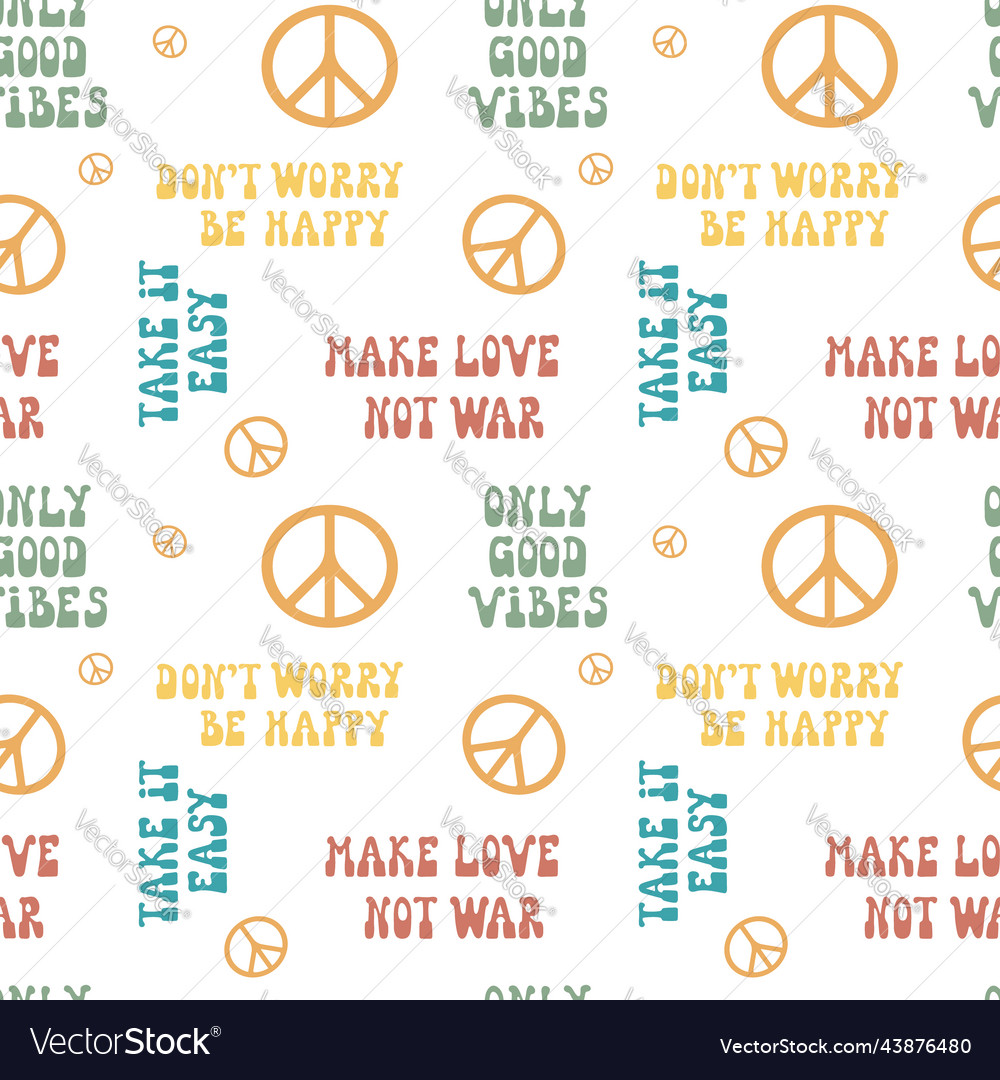 Seamless pattern with quotes in retro hippie style